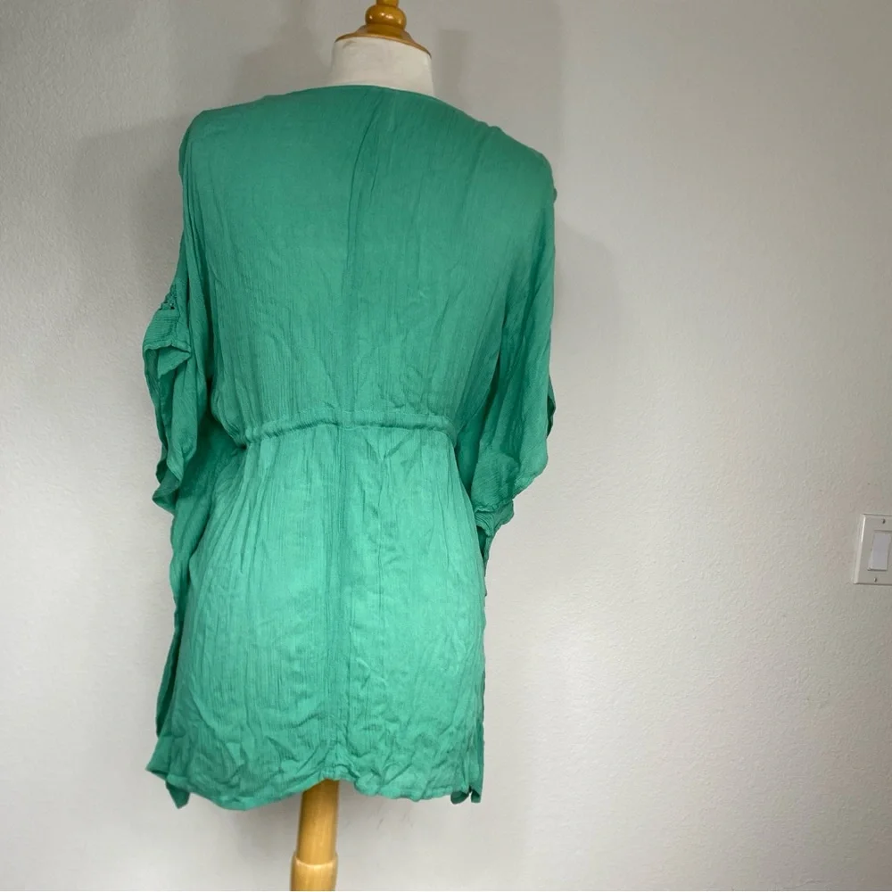Elan Women’s Green Gauzy Rayon Crochet Tie Front Kimono Size XS Beach Tropical